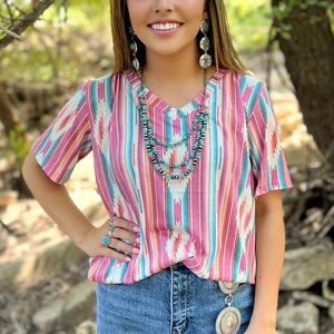 Sterling Kreek Frio River-Pink and Blue Southwest Short Sleeve Tee